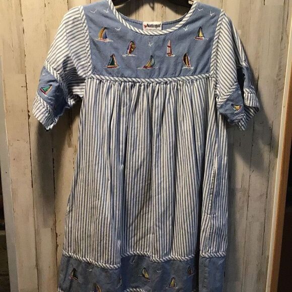 Dress blue white pinstripe with a sailboat Embroidery By Shop national - Picture 1 of 7